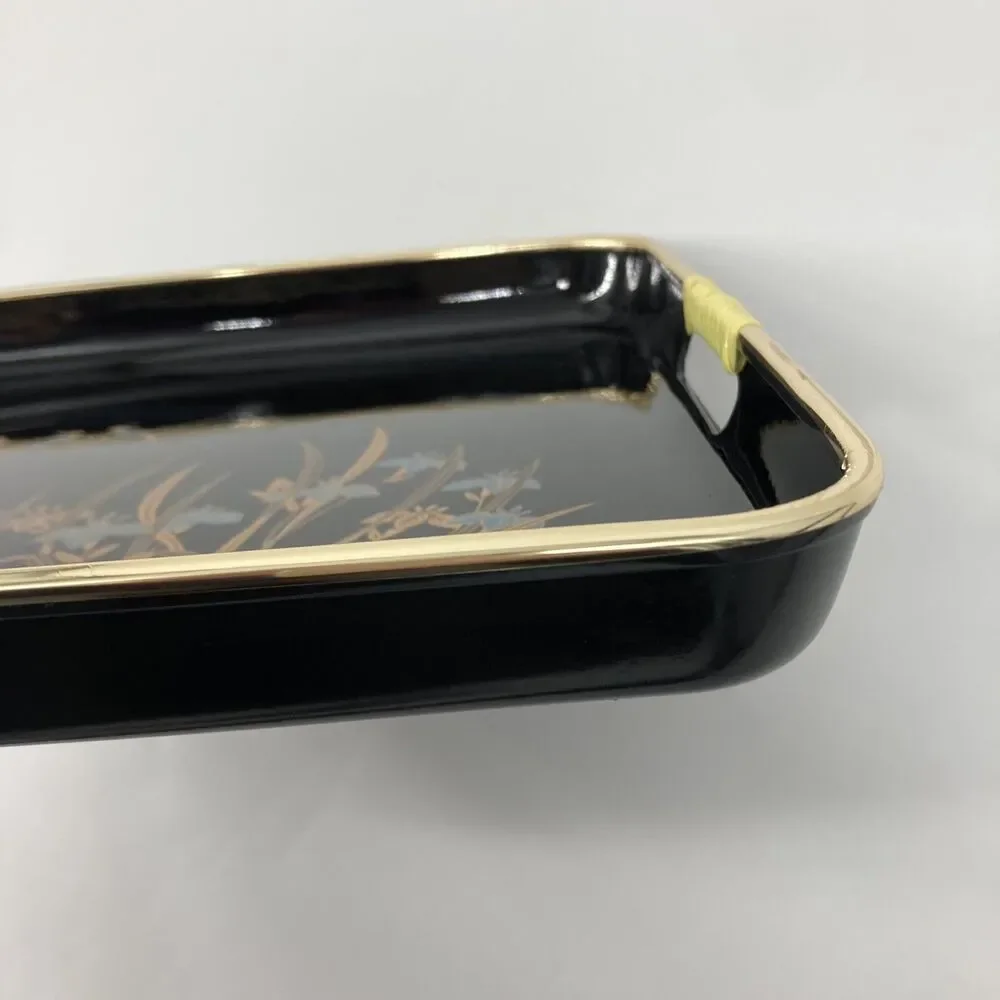 2 Set Vtg Toyo Japan Blue Iris Birds Black Lacquer Decorative Trays Gold Reeds